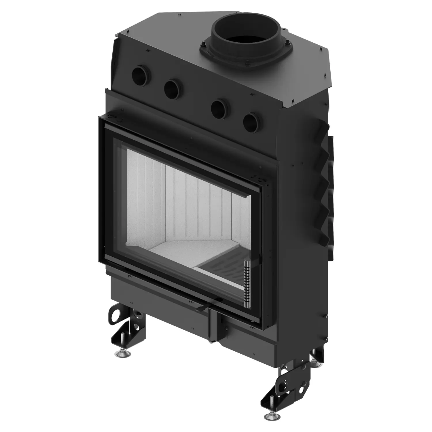 The ALBERO AL11S.HD FIREPLACE INSERT is a black metal fireplace insert with a large glass front, adjustable upper ventilation openings, stable legs, a round upper exhaust outlet and a bright fireproof interior. The ALBERO AL11S.HD FIREPLACE INSERT is a black metal fireplace insert with a large glass front, adjustable upper ventilation openings, stable legs, a round upper exhaust outlet and a bright fireproof interior.