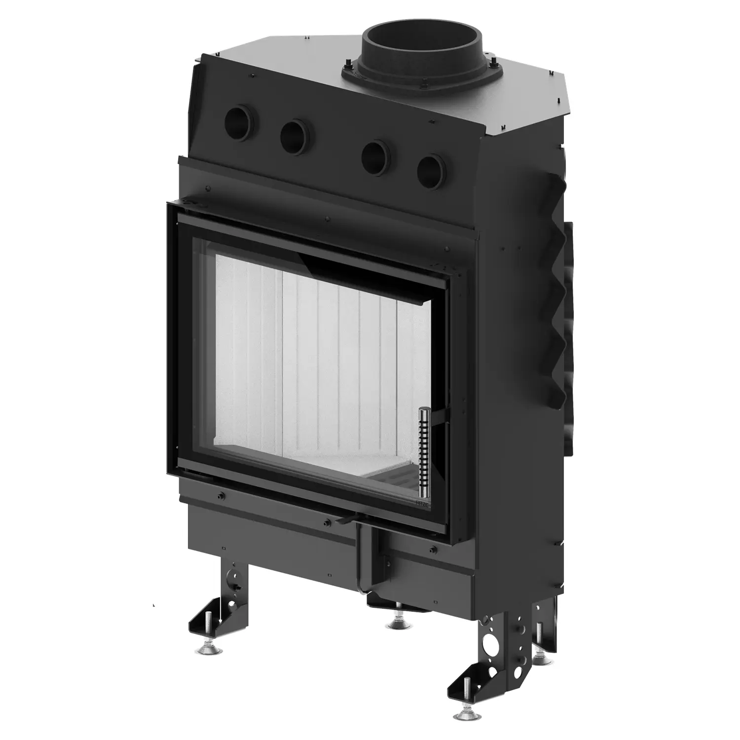 The ALBERO AL11S.HD FIREPLACE INSERT is a black metal wood-burning stove with a large front glass door, round top vent and adjustable metal legs, ideal for indoor heating. The ALBERO AL11S.HD FIREPLACE INSERT is a black metal wood-burning stove with a large front glass door, round top vent and adjustable metal legs, ideal for indoor heating.