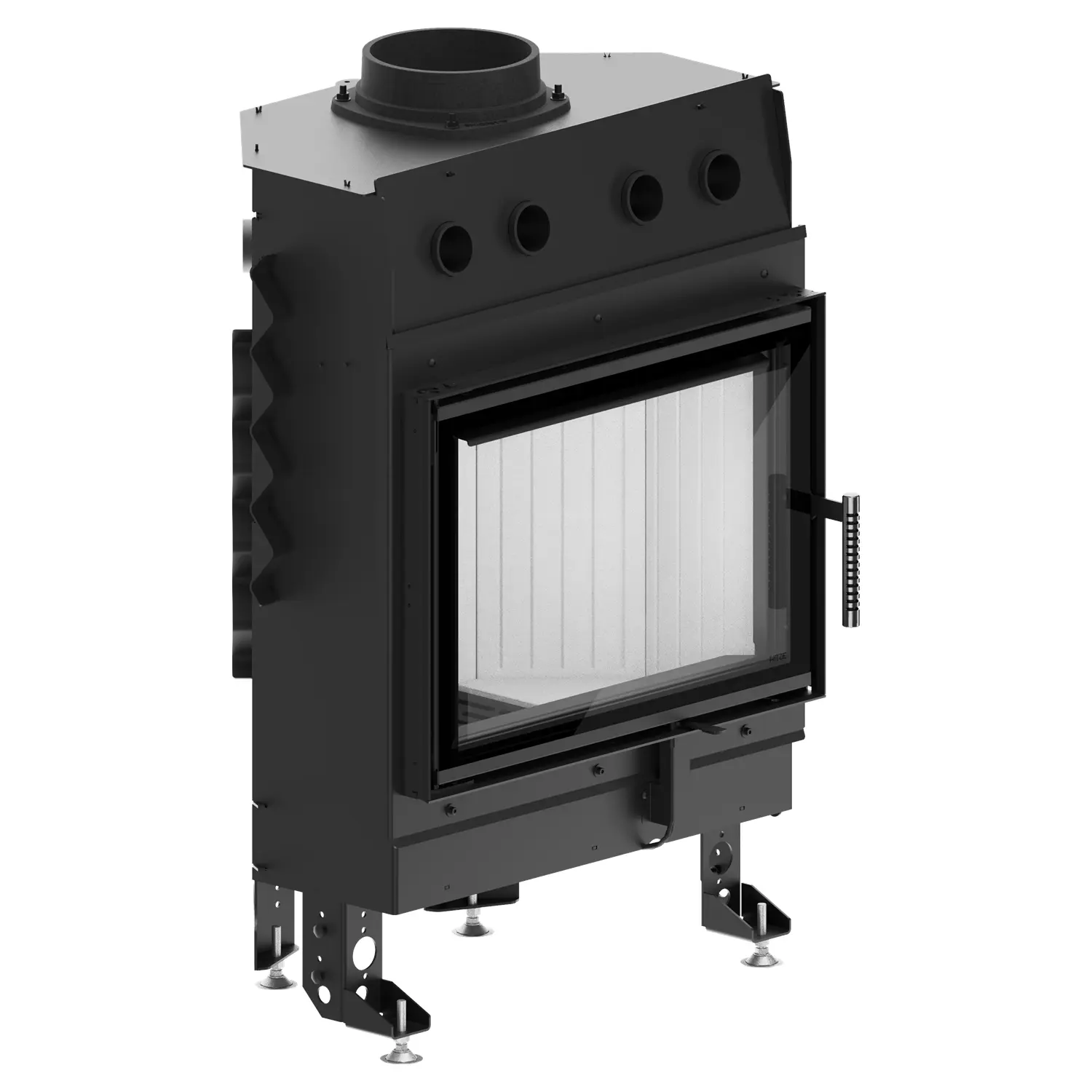 The ALBERO AL11S.HD FIREPLACE INSERT is a black metal fireplace insert with a glass front, a visible handle, and adjustable legs. Designed for wall mounting, it features circular ventilation holes and a large exhaust port at the top. The ALBERO AL11S.HD FIREPLACE INSERT is a black metal fireplace insert with a glass front, a visible handle, and adjustable legs. Designed for wall mounting, it features circular ventilation holes and a large exhaust port at the top.