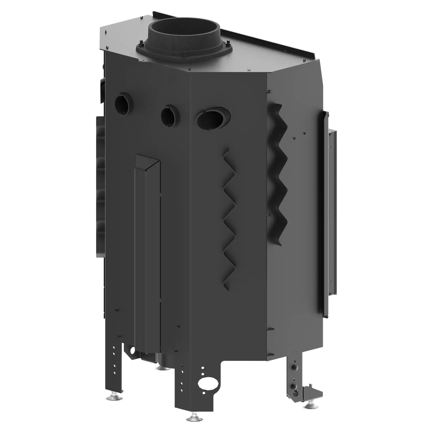 The ALBERO AL11S.HD FIREPLACE INSERT is a large, black metal insert with adjustable legs, multiple ventilation holes, circular openings and zigzag side panels, designed for commercial or industrial use. The ALBERO AL11S.HD FIREPLACE INSERT is a large, black metal insert with adjustable legs, multiple ventilation holes, circular openings and zigzag side panels, designed for commercial or industrial use.