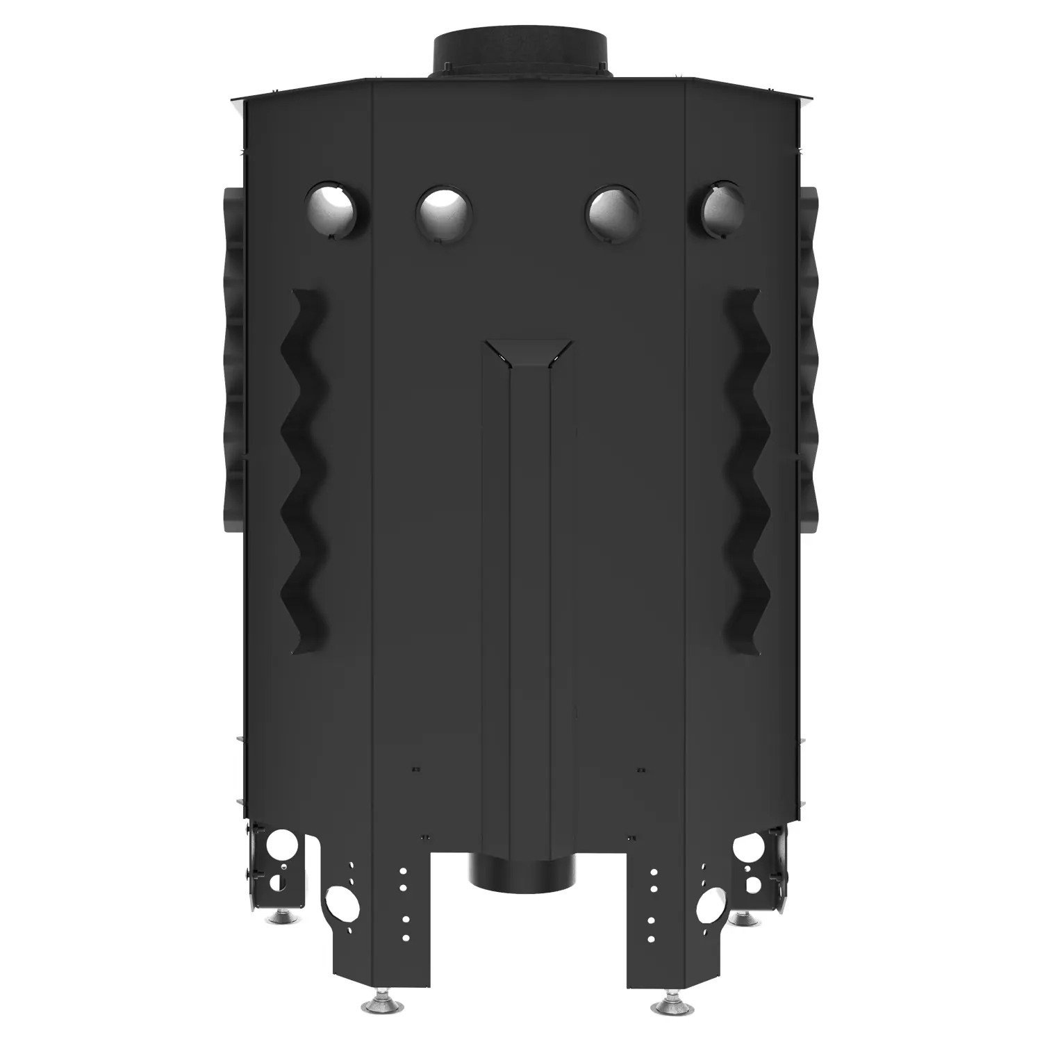 Front view of the ALBERO AL11S.HD FIREPLACE INSERT, a large rectangular black metal unit with circular vents, side handles and adjustable feet, reminiscent of industrial equipment or a furnace. Front view of the ALBERO AL11S.HD FIREPLACE INSERT, a large rectangular black metal unit with circular vents, side handles and adjustable feet, reminiscent of industrial equipment or a furnace.