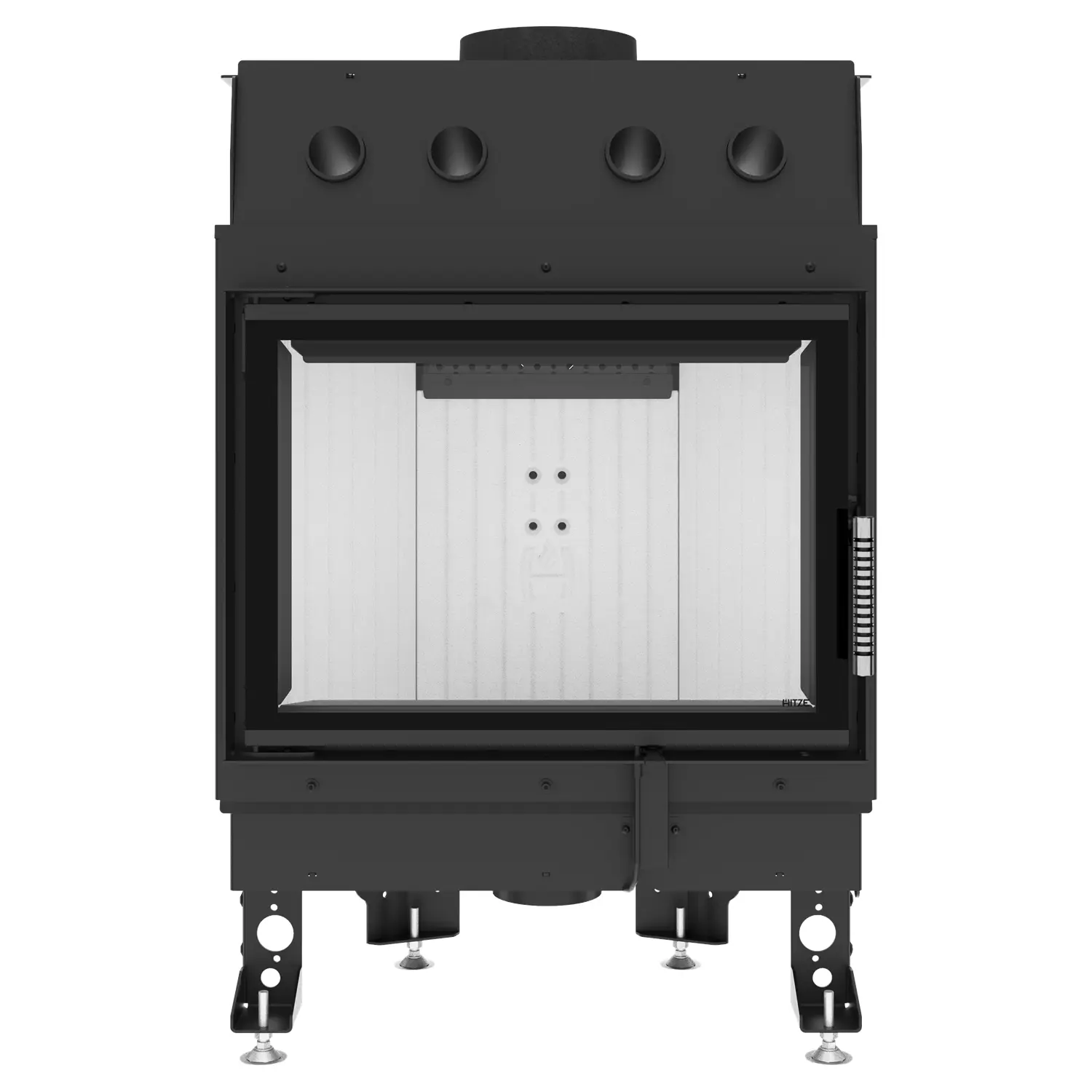 The ALBERO AL11S.HD FIREPLACE INSERT is a black, rectangular fireplace insert with a large glass front door, four adjustable legs, knobs on the top and an interior lined with light firebrick. The ALBERO AL11S.HD FIREPLACE INSERT is a black, rectangular fireplace insert with a large glass front door, four adjustable legs, knobs on the top and an interior lined with light firebrick.