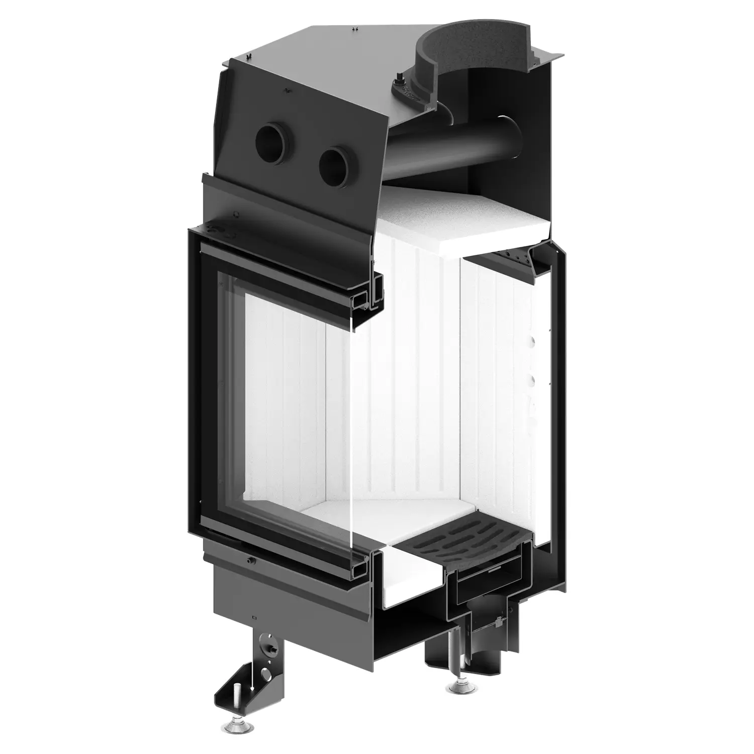 A cross-section of the ALBERO AL11S.HD metal fireplace insert shows its internal structure - firebox, insulated panels, vents and supports - with a large glass window at the front. A cross-section of the ALBERO AL11S.HD metal fireplace insert shows its internal structure - firebox, insulated panels, vents and supports - with a large glass window at the front.