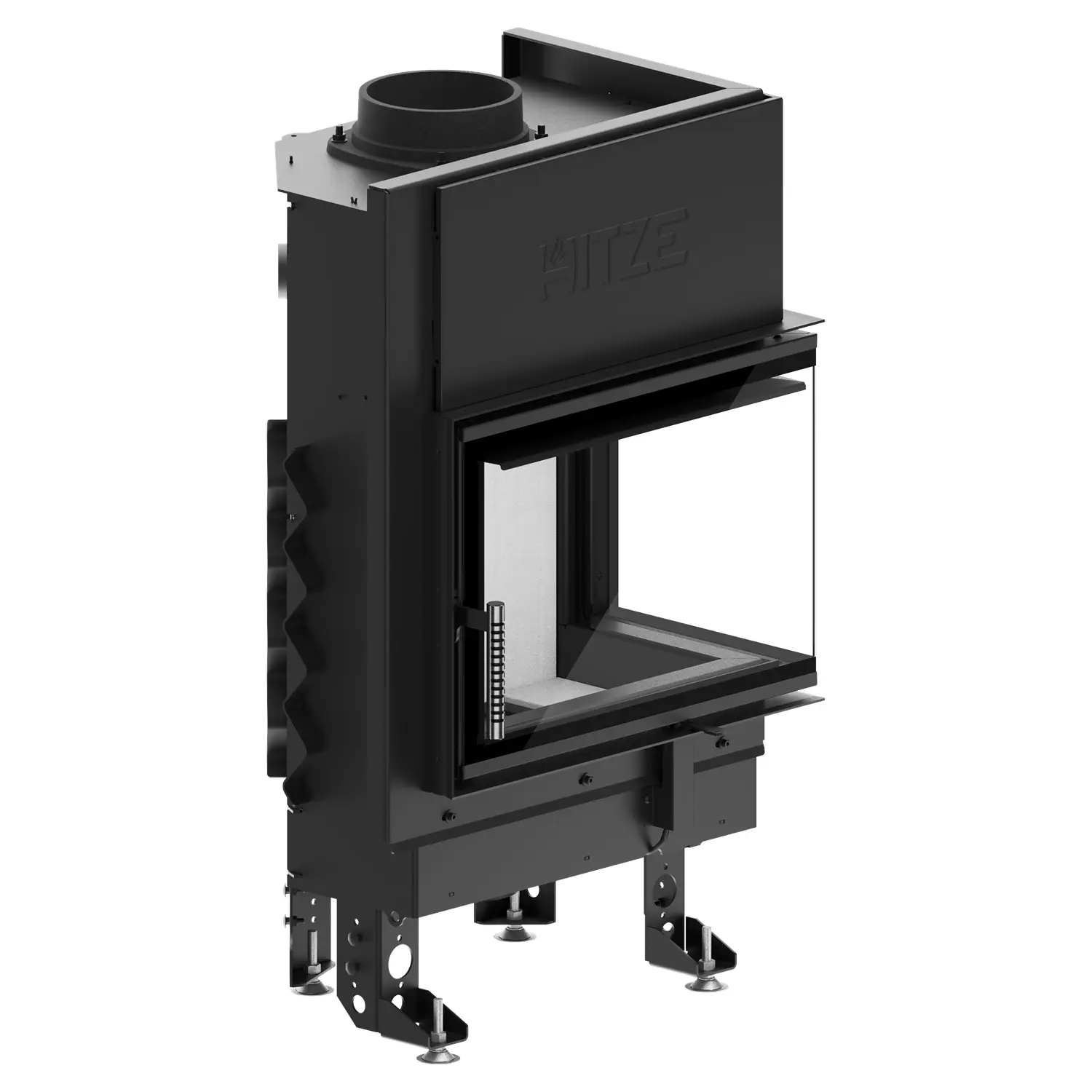 The ALBERO AL9R.HD FIREPLACE INSERT is a black metal fireplace insert with a glass front and side panel, equipped with adjustable metal legs, a top round vent for smoke removal and the "HITZE" logo on the front. The ALBERO AL9R.HD FIREPLACE INSERT is a black metal fireplace insert with a glass front and side panel, equipped with adjustable metal legs, a top round vent for smoke removal and the "HITZE" logo on the front.