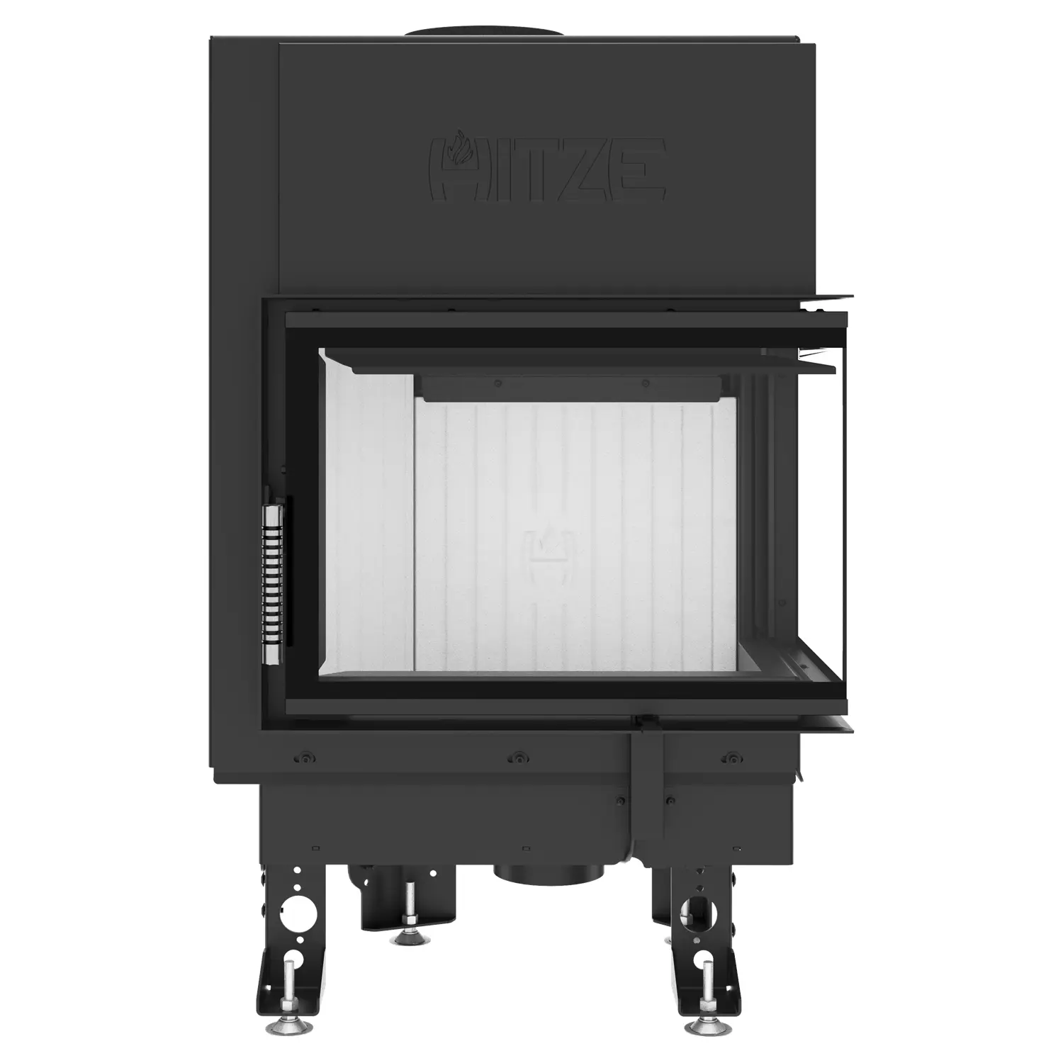 The ALBERO AL9R.HD FIREPLACE INSERT is a black metal fireplace insert with a partially open glass door revealing the white interior. It stands on four adjustable legs and has a control handle on the left side. The ALBERO AL9R.HD FIREPLACE INSERT is a black metal fireplace insert with a partially open glass door revealing the white interior. It stands on four adjustable legs and has a control handle on the left side.