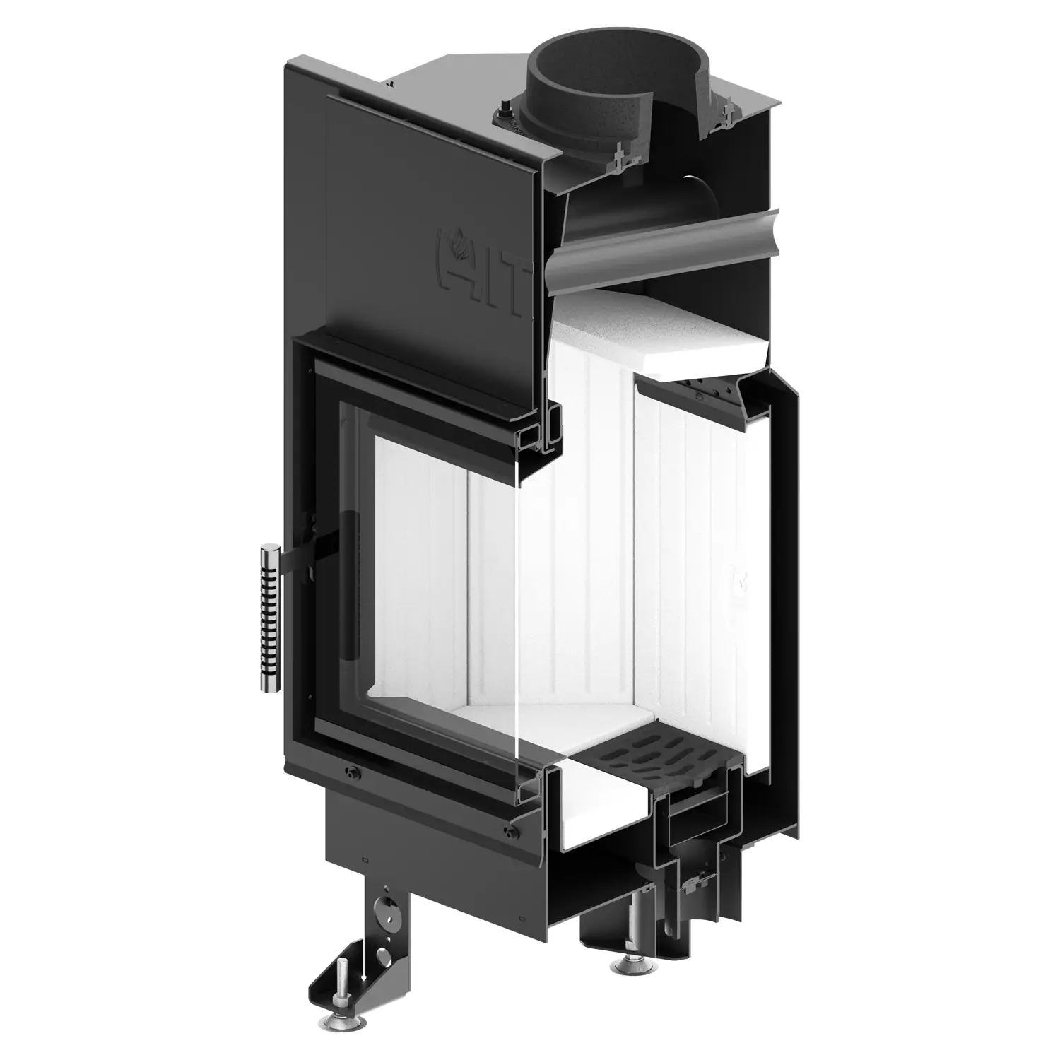 A 3D cutout of the ALBERO AL9R.HD FIREPLACE INSERT fireplace insert shows its black metal casing, firebox, grates, white heat-resistant lining and front glass door with a handle and visible hinges. A 3D cutout of the ALBERO AL9R.HD FIREPLACE INSERT fireplace insert shows its black metal casing, firebox, grates, white heat-resistant lining and front glass door with a handle and visible hinges.