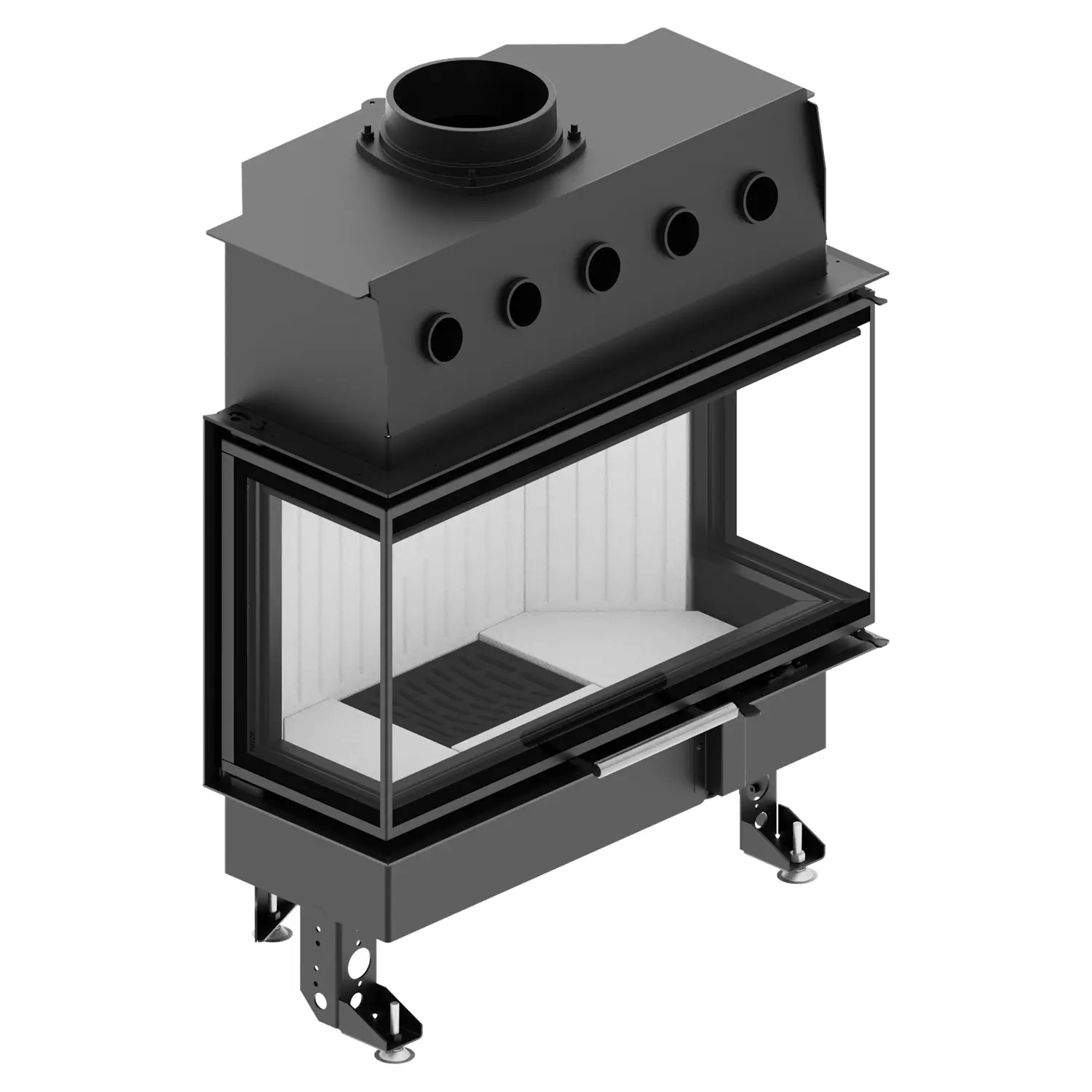 The ALBERO AL14C.HD three-sided fireplace insert is a black metal insert with a large glass window, white interior panels, top ventilation holes and adjustable metal legs. The ALBERO AL14C.HD three-sided fireplace insert is a black metal insert with a large glass window, white interior panels, top ventilation holes and adjustable metal legs.