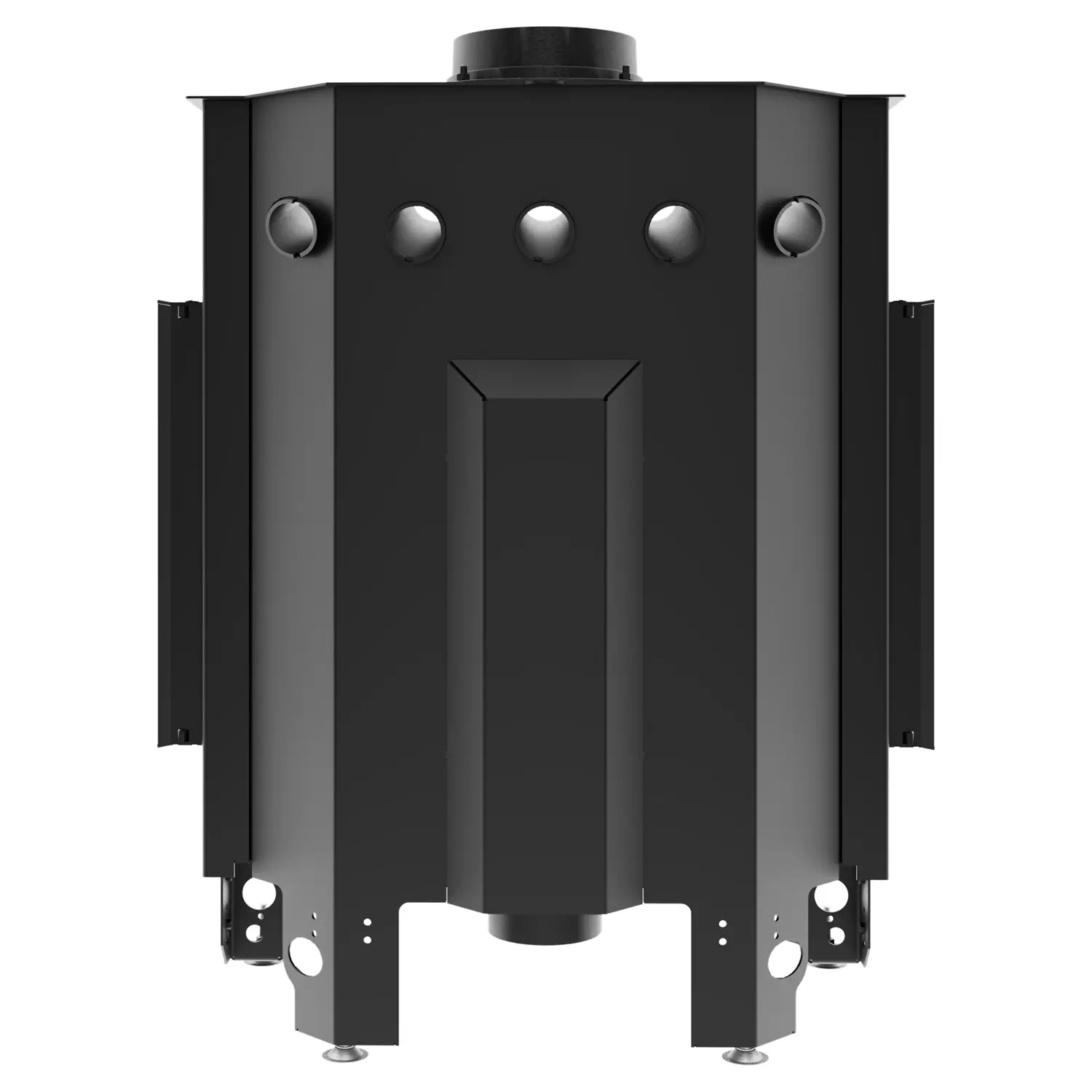 Black, rectangular metal ventilation unit with round vents and mounting brackets, shown from the front against a white background - ideal for integration with the ALBERO AL14C.HD three-sided fireplace insert system. Black, rectangular metal ventilation unit with round vents and mounting brackets, shown from the front against a white background - ideal for integration with the ALBERO AL14C.HD three-sided fireplace insert system.