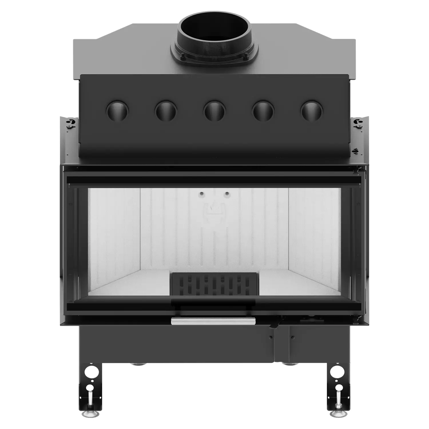 Front view of the ALBERO AL14C.HD three-sided fireplace insert in black metal with a large glass door, top vent, adjustable legs and a bright firebox interior. Front view of the ALBERO AL14C.HD three-sided fireplace insert in black metal with a large glass door, top vent, adjustable legs and a bright firebox interior.