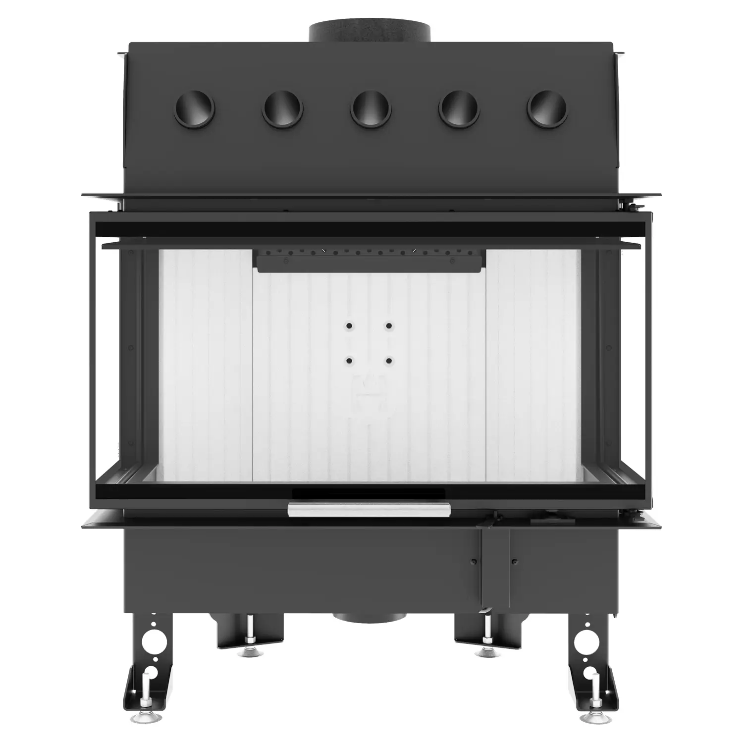 The ALBERO AL14C.HD three-sided fireplace insert is a black, rectangular fireplace insert with a glass front door, a white firebox interior and adjustable legs, placed on a white background. The ALBERO AL14C.HD three-sided fireplace insert is a black, rectangular fireplace insert with a glass front door, a white firebox interior and adjustable legs, placed on a white background.