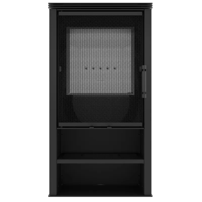 Der LUPO S LOFT FREESTANDING FIREPLACE ist ein schwarzer Metallschrank mit einer Fronttür aus Drahtgeflecht, einem Griff an der rechten Seite und zwei durch das Drahtgeflecht sichtbaren Innenregalen. Der LUPO S LOFT FREESTANDING FIREPLACE ist ein schwarzer Metallschrank mit einer Fronttür aus Drahtgeflecht, einem Griff an der rechten Seite und zwei durch das Drahtgeflecht sichtbaren Innenregalen.