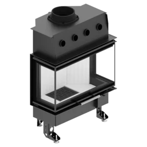 The ALBERO AL11C.HD is a black metal fireplace insert with a glass front and side panels, a white firebox interior and adjustable legs, designed for wall mounting or in a custom enclosure.