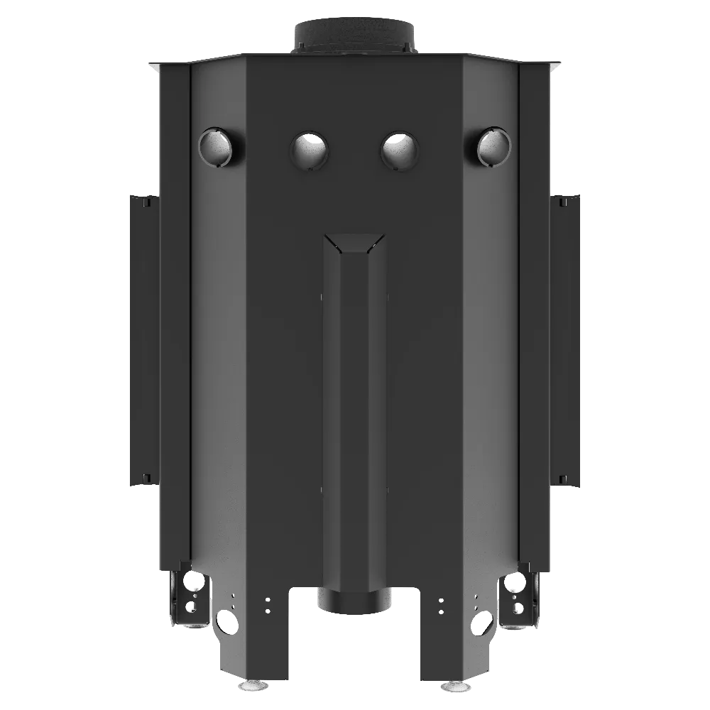 The ALBERO AL11C.HD is a black metal industrial piece with a cylindrical center, three round holes at the top and angular side panels, shown from the front against a white background. The ALBERO AL11C.HD is a black metal industrial piece with a cylindrical center, three round holes at the top and angular side panels, shown from the front against a white background.