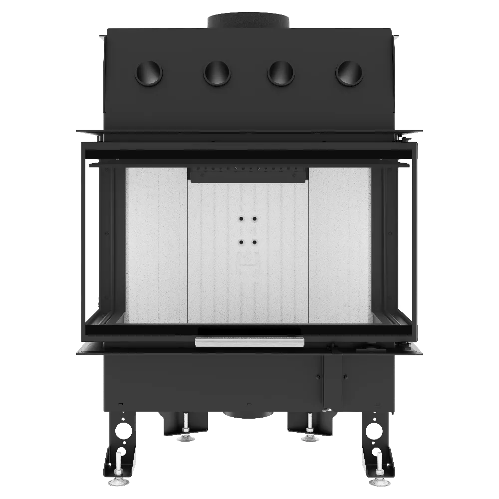 Front view of the ALBERO AL11C.HD, a black modern wood-burning fireplace insert with a glass door, visible top vents, adjustable metal feet and an interior lined with light-coloured firebrick panels. Front view of the ALBERO AL11C.HD, a black modern wood-burning fireplace insert with a glass door, visible top vents, adjustable metal feet and an interior lined with light-coloured firebrick panels.