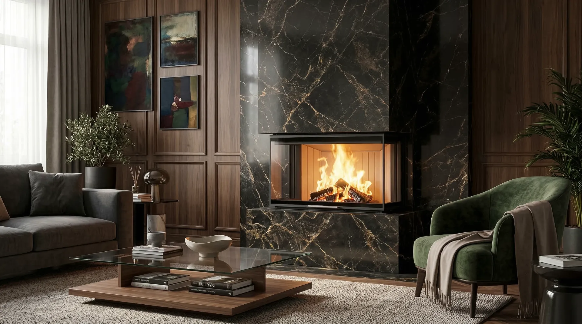 A modern living room with a glass coffee table, a green armchair, and a large black marble fireplace with a blazing fire. Wood-paneled walls, abstract paintings, and a gray sofa complete the cozy setting.