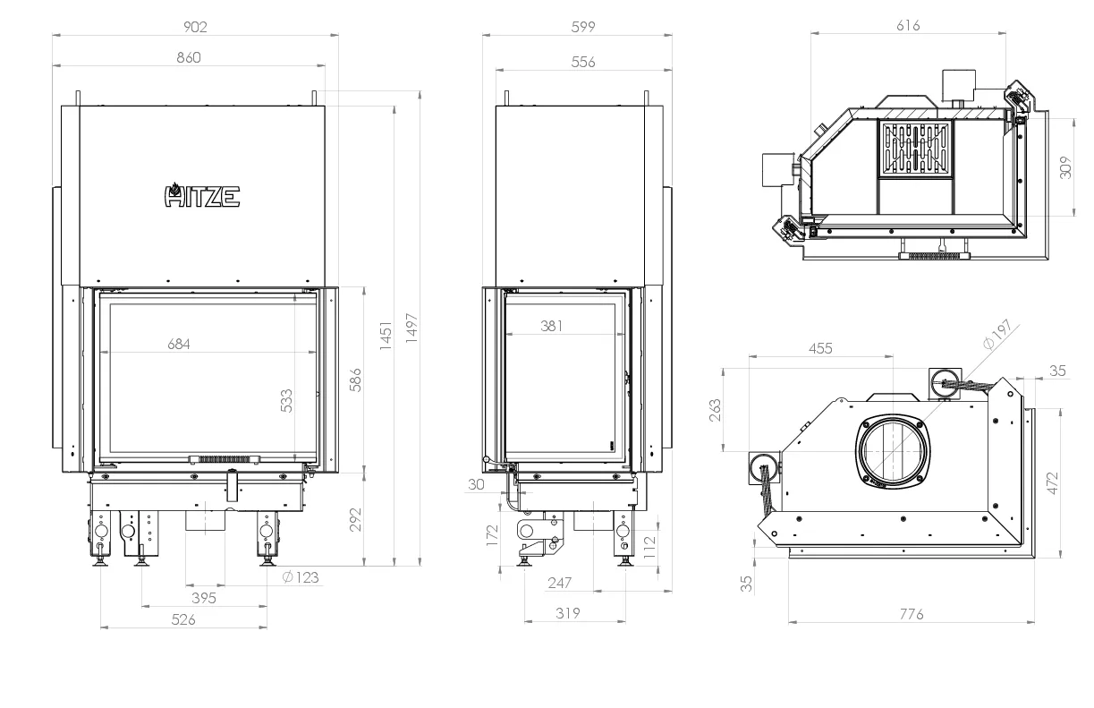ALBERO AL16RG.HD – insert de cheminée d'angle droit avec guillotine HITZE, 16 kW