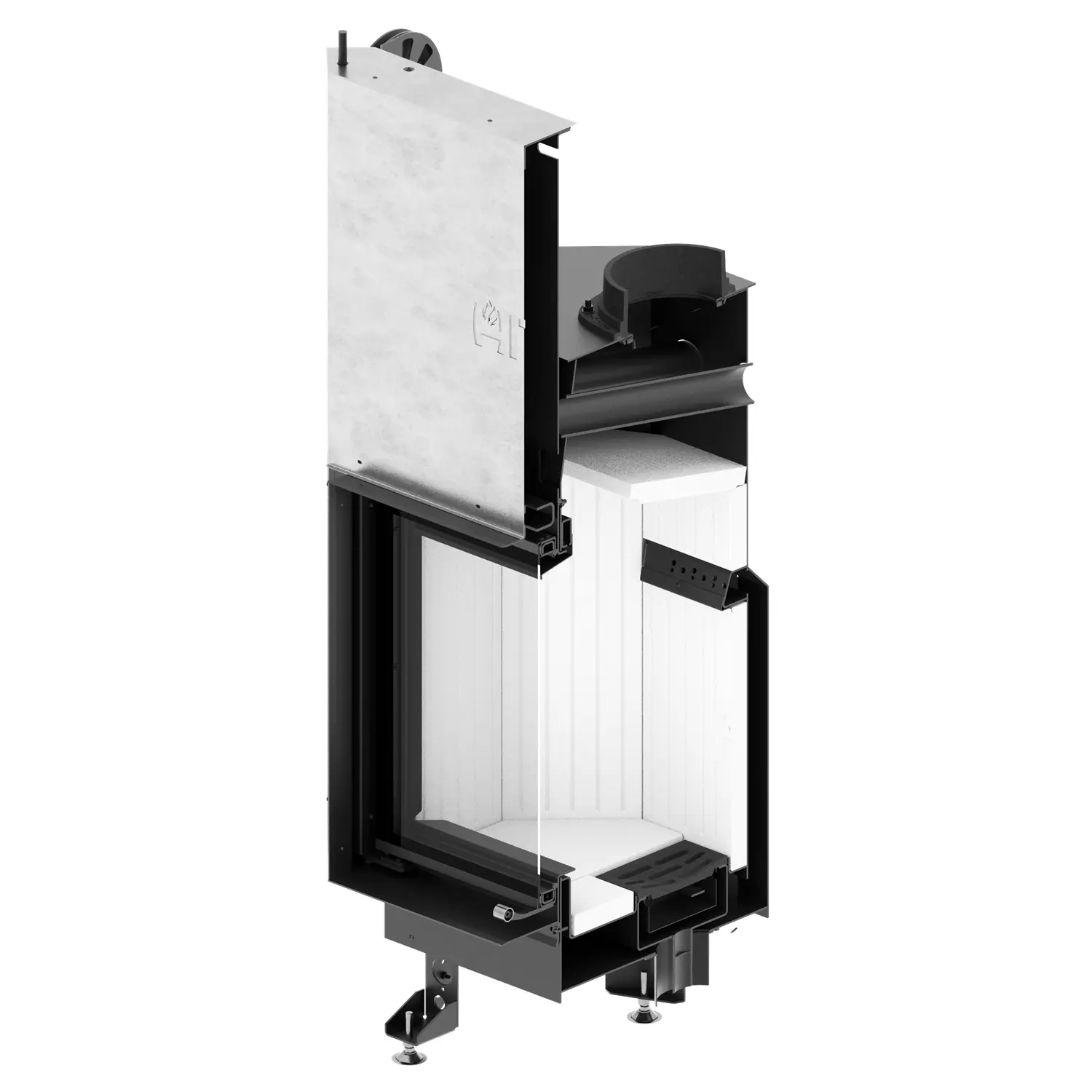 L'insert de cheminée en métal noir et argent est présenté en coupe verticale, révélant ses composants internes, son isolation blanche et ses pieds inclinés. L'insert de cheminée en métal noir et argent est présenté en coupe verticale, révélant ses composants internes, son isolation blanche et ses pieds inclinés.