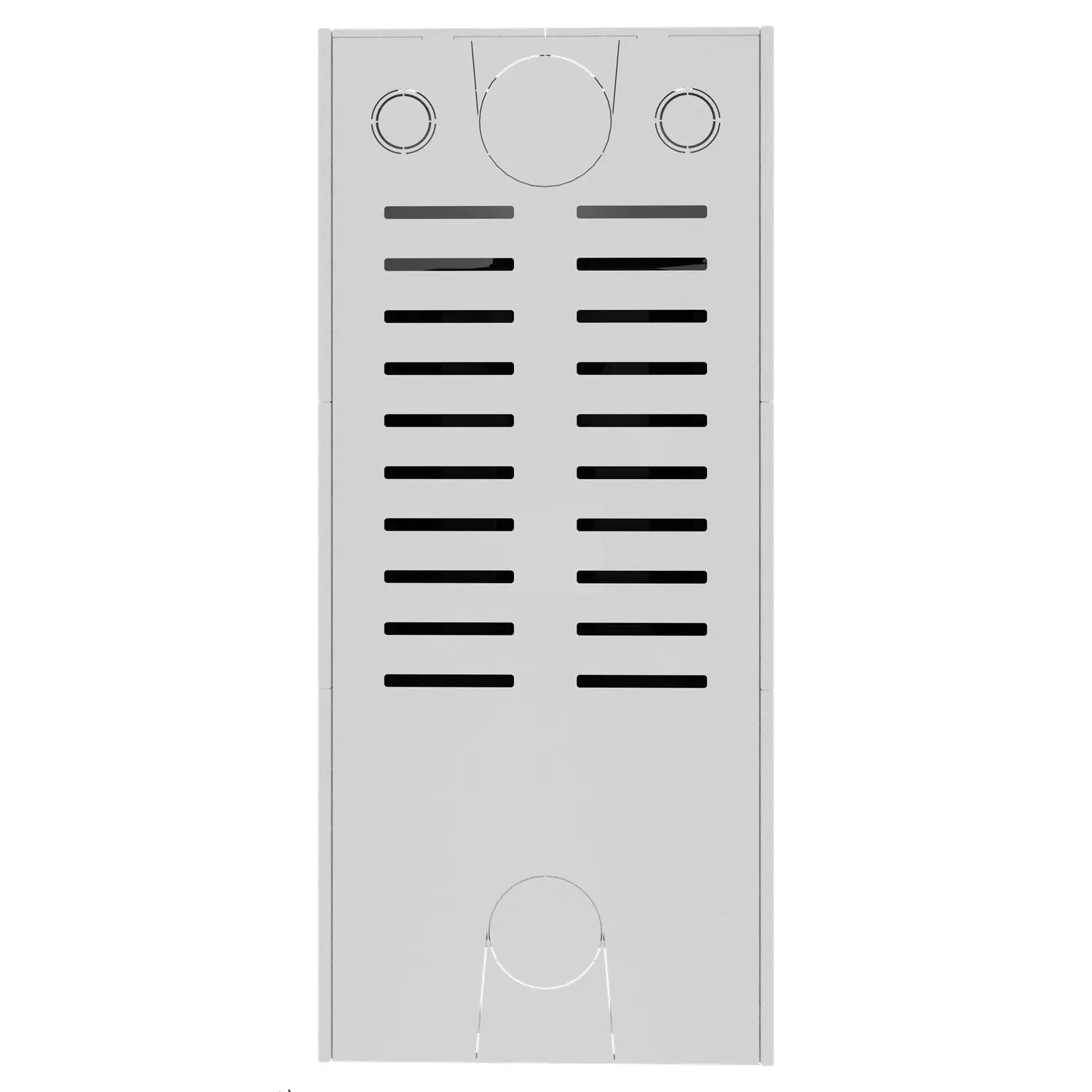 Белая прямоугольная металлическая вентиляционная решетка ALBERO AL9C.HD BOX/D WHITE с горизонтальными планками и тремя круглыми углублениями сверху и снизу. Белая прямоугольная металлическая вентиляционная решетка ALBERO AL9C.HD BOX/D WHITE с горизонтальными планками и тремя круглыми углублениями сверху и снизу.