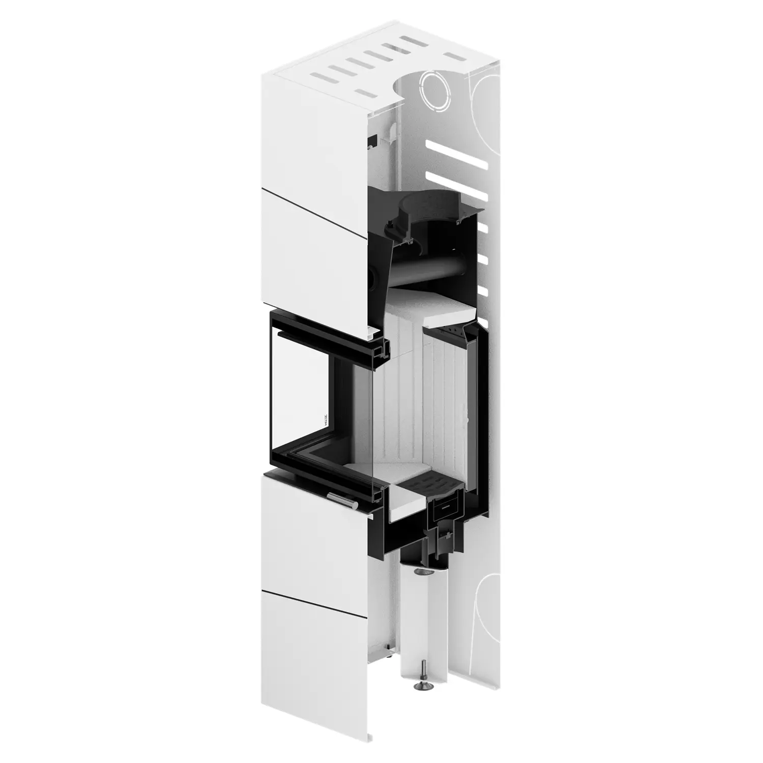 Трехмерная модель поперечного сечения печи ALBERO AL9C.HD BOX/D WHITE – современной, белой, прямоугольной отопительной печи – с изображением внутренних камер, изоляции и вентиляции. Трехмерная модель поперечного сечения печи ALBERO AL9C.HD BOX/D WHITE – современной, белой, прямоугольной отопительной печи – с изображением внутренних камер, изоляции и вентиляции.