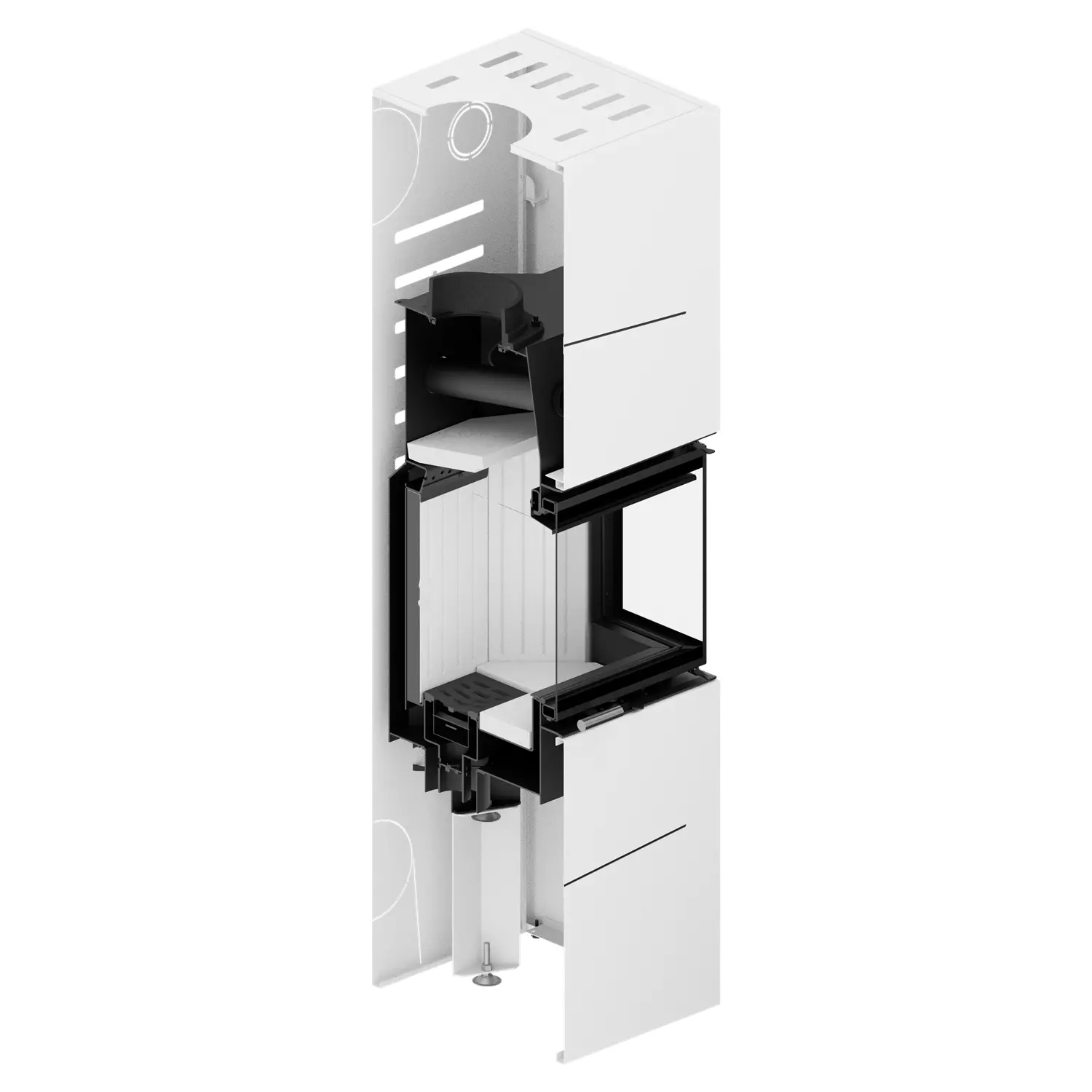 3D-визуализация поперечного сечения модели ALBERO AL9C.HD BOX/D WHITE – высокого белого прямоугольного устройства с открытой камерой, в которой видны внутренние компоненты и черные конструктивные элементы. 3D-визуализация поперечного сечения модели ALBERO AL9C.HD BOX/D WHITE – высокого белого прямоугольного устройства с открытой камерой, в которой видны внутренние компоненты и черные конструктивные элементы.