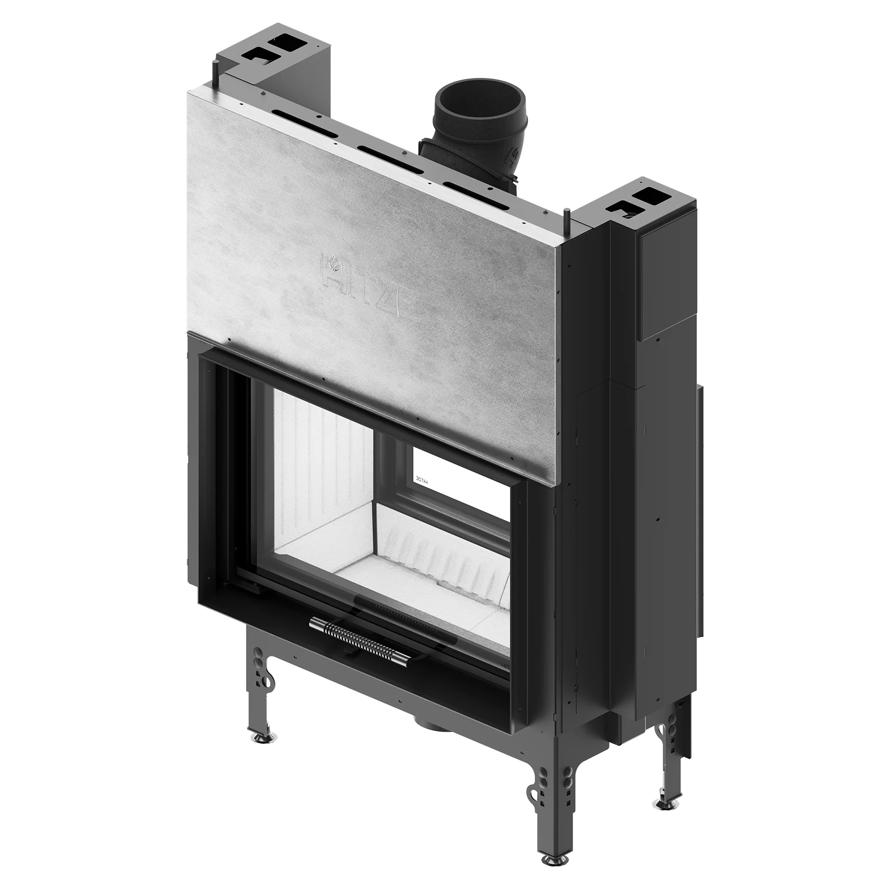 Black and silver rectangular fireplace insert with glass front, adjustable feet and ventilation pipe located on top, photographed against a white background. Black and silver rectangular fireplace insert with glass front, adjustable feet and ventilation pipe located on top, photographed against a white background.