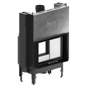 A modern, rectangular fireplace insert in black and silver, featuring a glass door, visible metal legs, and a top vent. The HITZE brand name is engraved on the front panel.