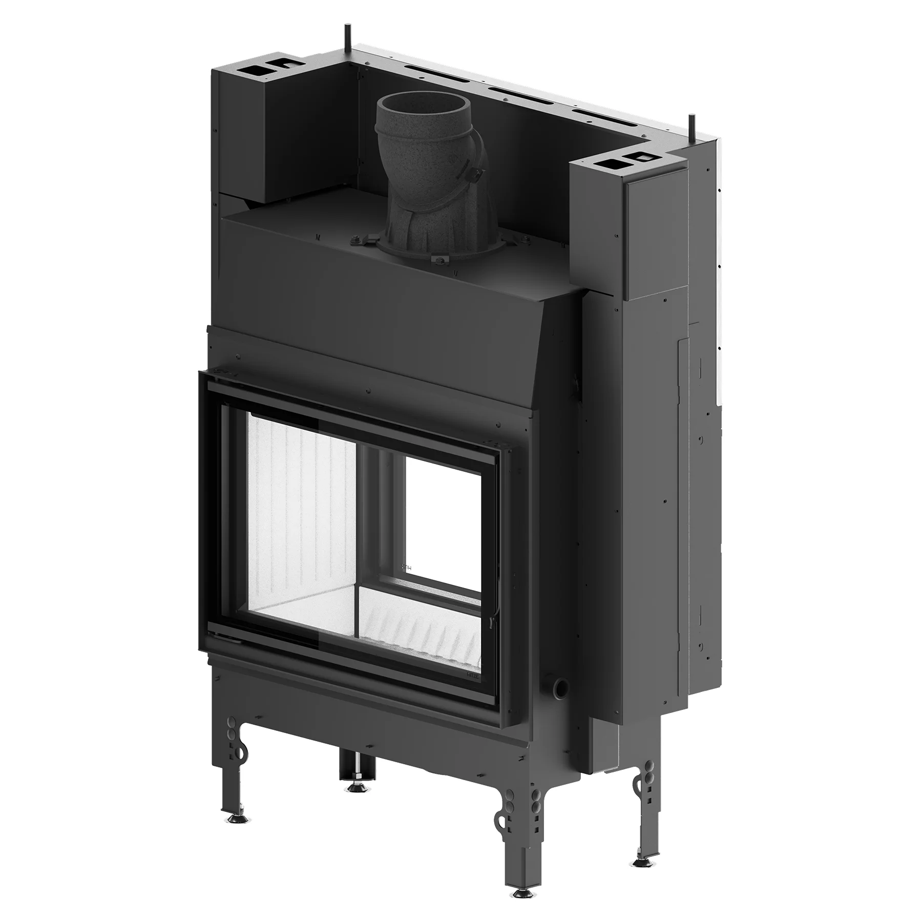 Black metal fireplace insert with glass door, visible side window, adjustable feet and top flue outlet, shown against a white background. Black metal fireplace insert with glass door, visible side window, adjustable feet and top flue outlet, shown against a white background.
