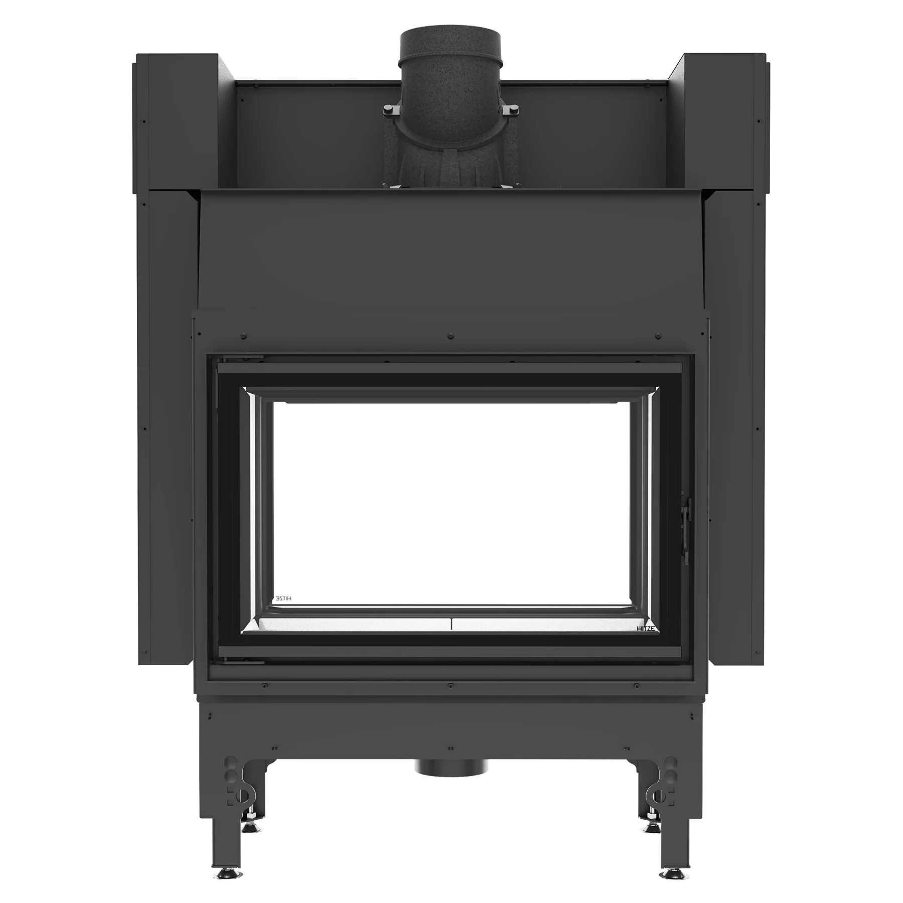Black, modern wood-burning fireplace insert with large glass door, metal flue outlet at the top and four short supporting legs, shown against a white background. Black, modern wood-burning fireplace insert with large glass door, metal flue outlet at the top and four short supporting legs, shown against a white background.