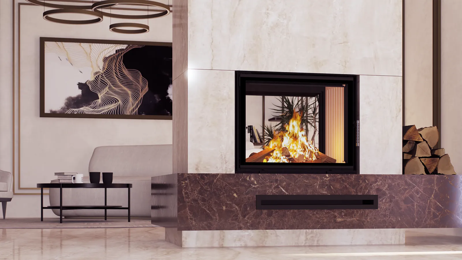 A modern fireplace with a glass panel and burning logs is built into a marble base in the living room. A modern fireplace with a glass panel and burning logs is built into a marble base in the living room.
