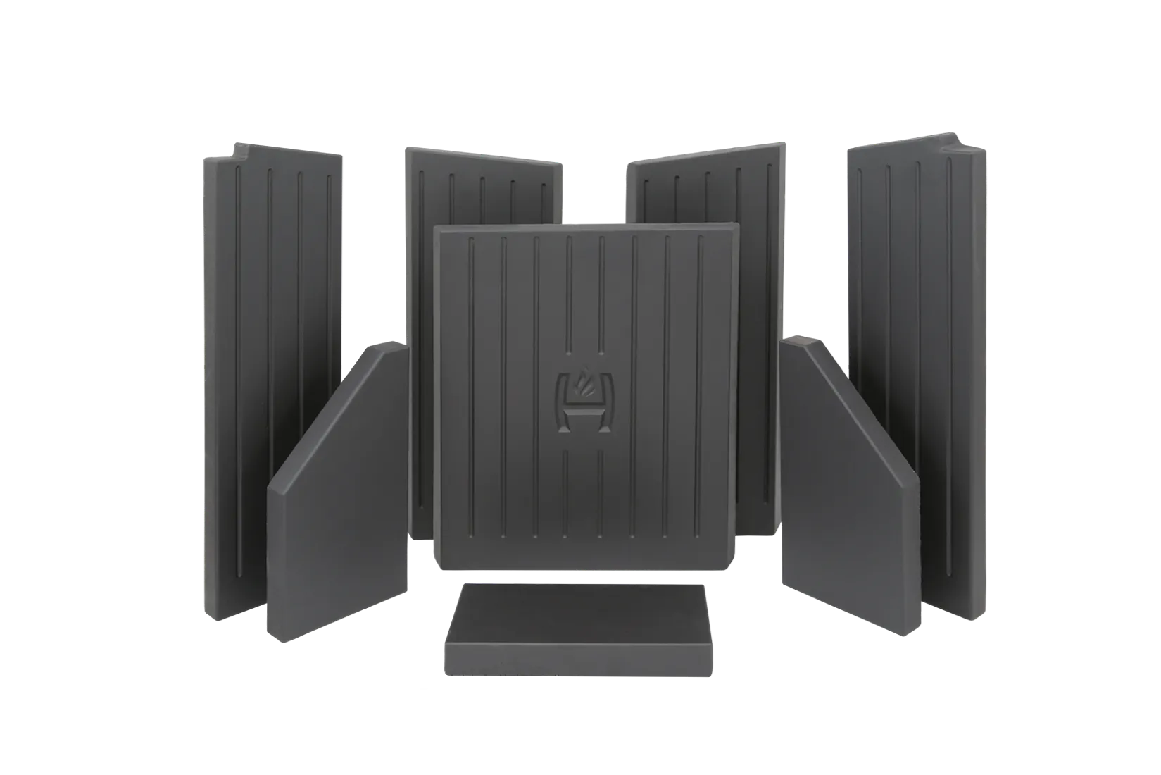 Six dark grey rectangular firebrick panels and one square base element, with a small flame icon logo on the centre panel.